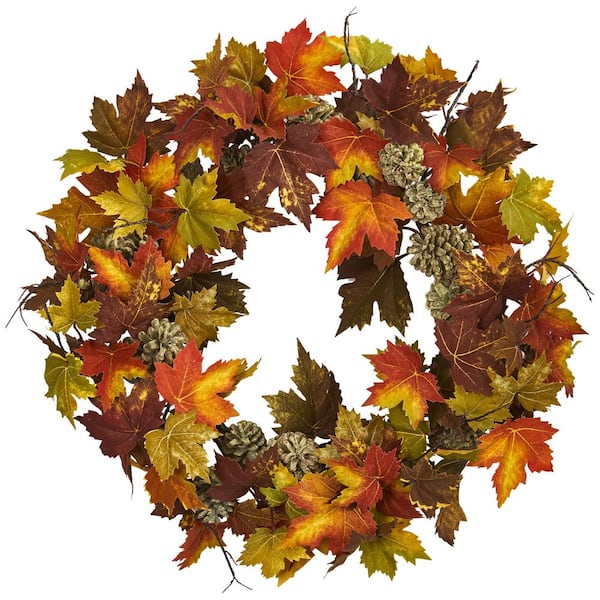 Nearly Natural 24 in. Artificial Maple and Pine Cone Wreath