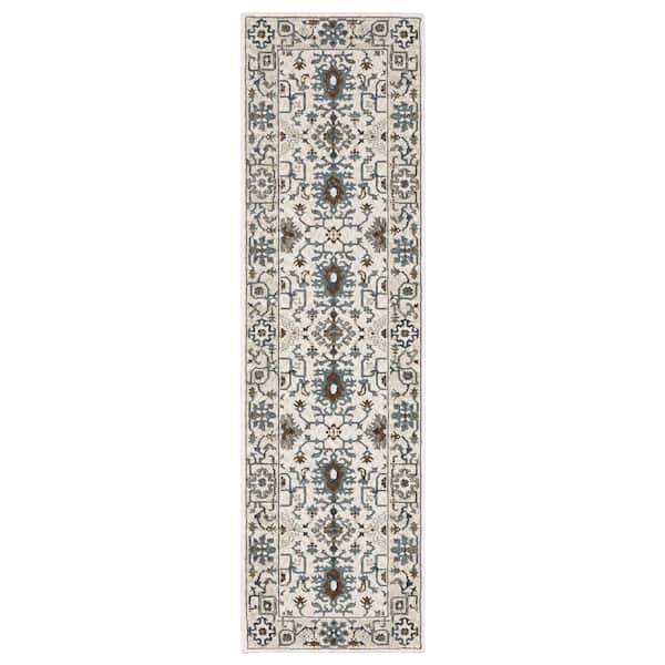 AVERLEY HOME Edgewater Ivory/Blue 2 ft. x 8 ft. Oriental Floral Persian Polyester Indoor Runner Area Rug
