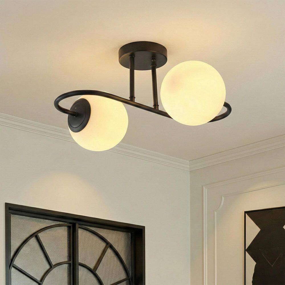 Modern 17.32 in. 3-Light Matte Black Globe Semi-Flush Mount Mid Century Close to ceiling Light with White Glass Shade price history on PriceWatchPro