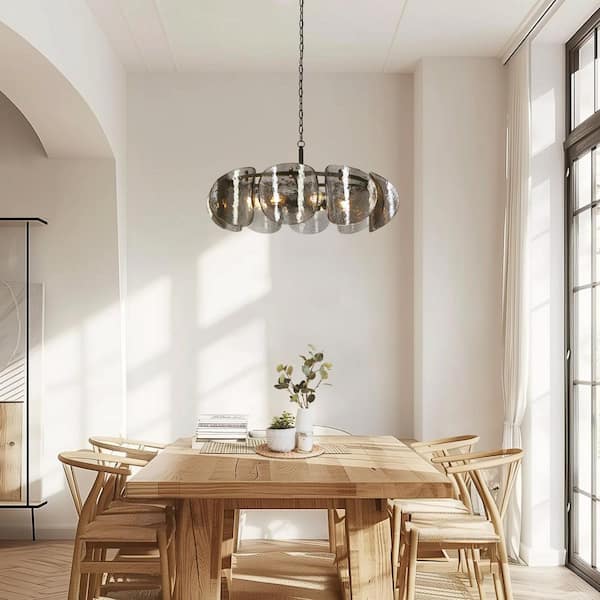 Modern 8-Light Black Drum Chandelier Dining Room Kitchen Hanging Light with Gold Accents and Smoky Gray Glass Discs