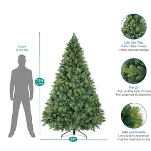 7.5 ft. Prelit Artificial Christmas Tree with Pine Cones, Foot Pedal, 1556 Branch Tips, 750 Warm Lights and Metal Stand