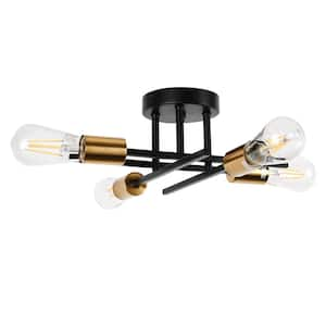 13 in. 4-Light Black/Gold Semi Flush Mount Chandelier for Living Dining Room Foyer