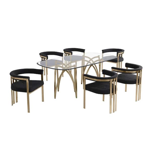 Best Quality Furniture Amelia 7-Piece Clear Tempered Glass Top Gold Chrome Plated Base Dining Set With 6 Black Boucle Fabric Chairs