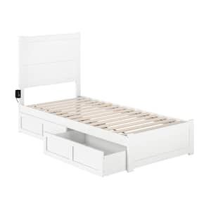 NoHo White Twin Extra Long Solid Wood Storage Platform Bed with Footboard and 2 Drawers