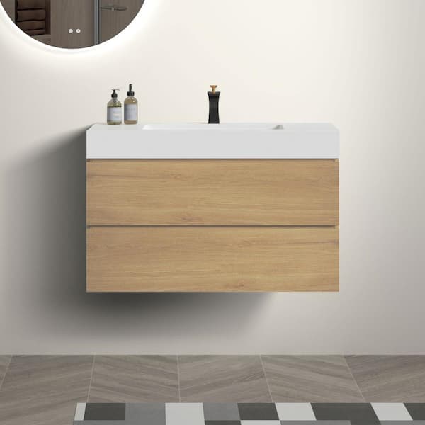 Staykiwi 36 in. W x 18 in. D x 25 in. H Single Sink Wall-Mounted Bath Vanity in Oak with White Solid Surface Top