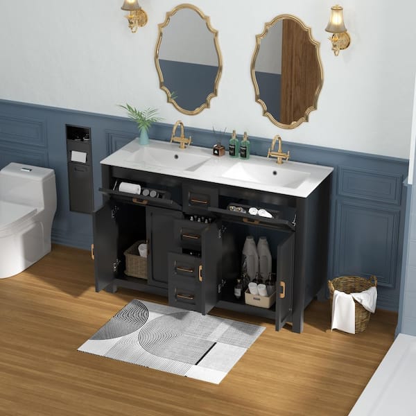 48 in. Freestanding Black Bath Vanity with White Double Sinks Ceramic Top Unassembled, Soft-Close Drawers & Storage