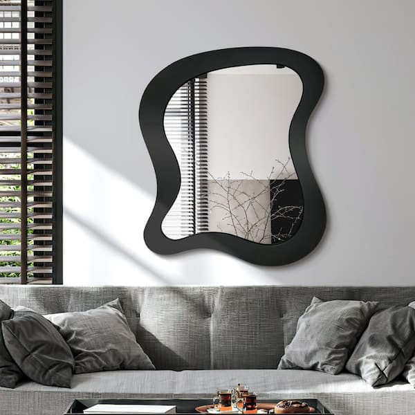 Hochwertiges 20 in. W. x 24 in. H Irregular Wavy Black Wood Framed Wall Mirror Asymmetrical Decorative Wall Mirror