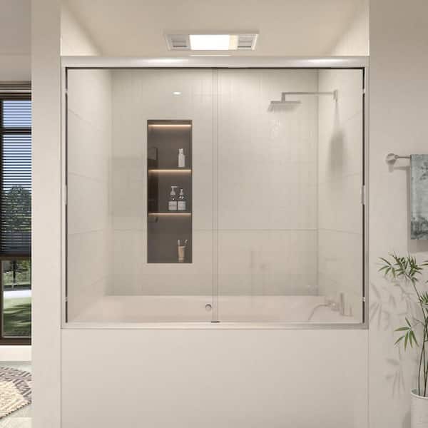 60 in. W x 56 in. H Sliding Semi Frameless Tub Door in Brushed Nickel Finish with Clear Glass