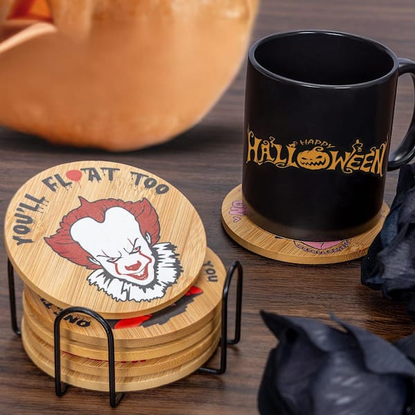 6-Piece Different Horror Movie Character Spooky Bar Table Round Coasters Set with Holder for Halloween Party Decor