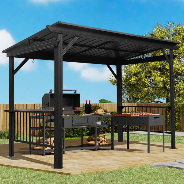 6.5 ft. x 12 ft. Hardtop Grill Gazebo Canopy, BBQ with 2 Side Shelves and Sloping Galvanized Steel Roof, Ceiling Hooks