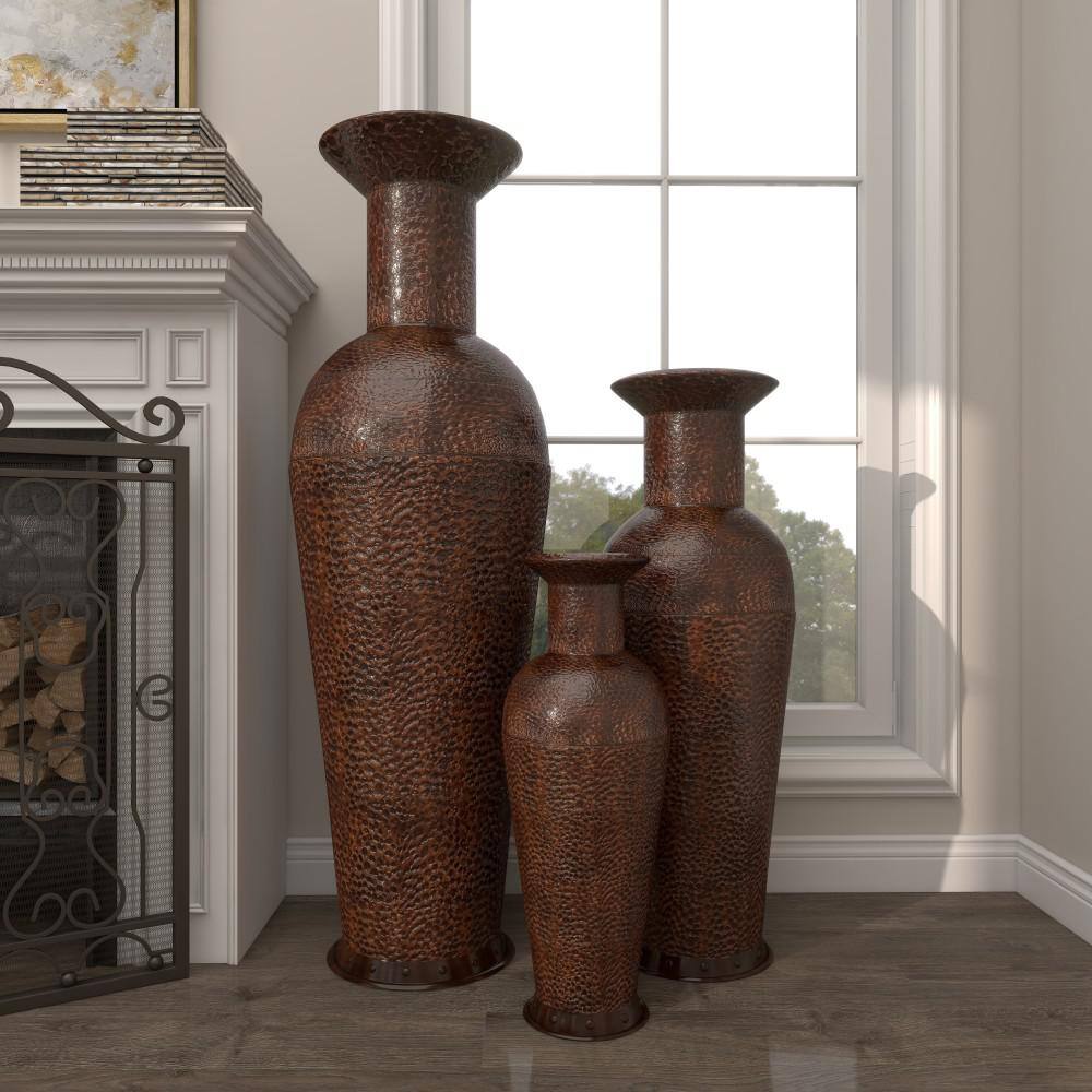 Tall Dark Brown Metal Floor Decorative Vase Set with Bubble Texture