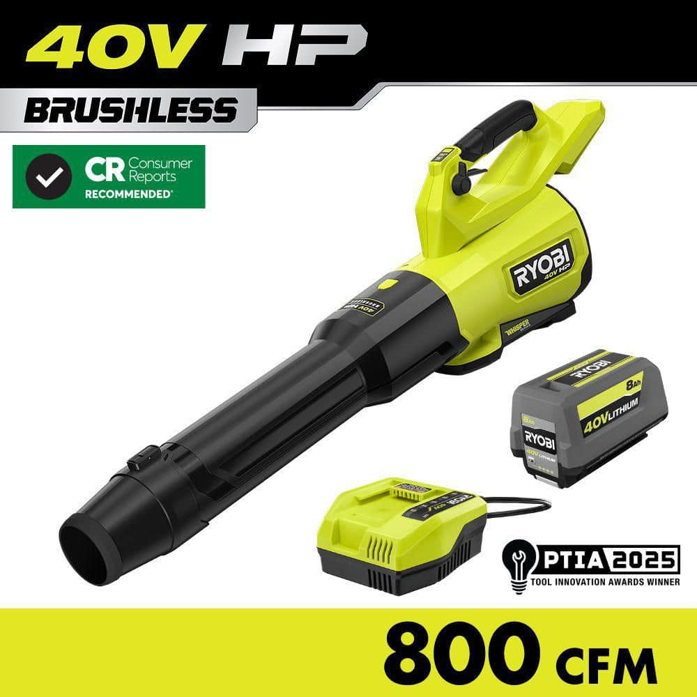 RYOBI 40V HP Brushless Whisper Series 180 MPH 800 CFM Cordless Battery Leaf Blower with 8.0 Ah Battery and Charger RY40HPLB01K - The Home Depot