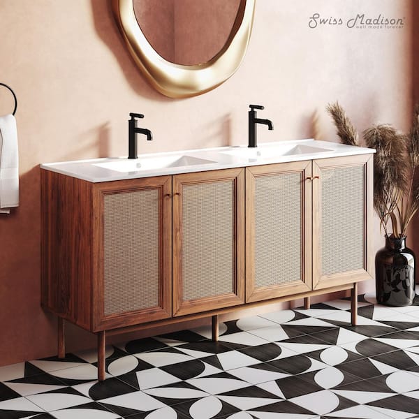 Classe 60 in. Freestanding Bath Vanity in Golden Oak with White Ceramic Double Basin Sink Top