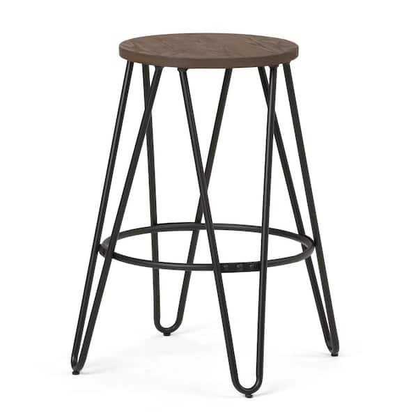 Simpli Home Simeon 24 in. Black and Cocoa Brown Industrial Metal Counter Height Stool with Solid Wood Seat