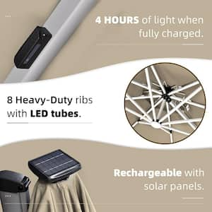 9 ft. x 12 ft. Solar Powered LED Patio Outdoor Cantilever Umbrella Heavy Duty Sun Umbrella in Beige