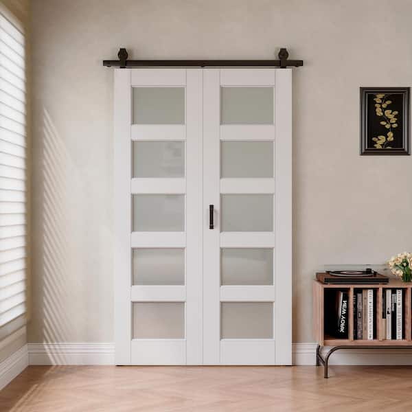 48 in. x 80 in. 5 Lite Tempered Frosted Glass White Primed Bifold Sliding Barn Door with Hardware Kit