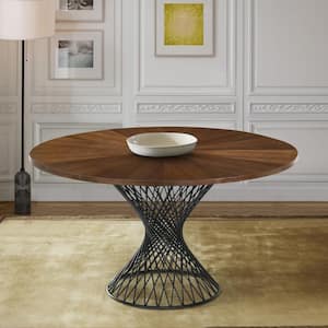 Cirque 54 in. Walnut Wood Mid-Century Modern Pedestal Round Dining Table with Epoxy Black Metal Base
