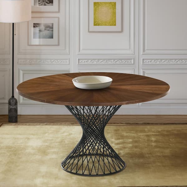 Armen Living Cirque 54 in. Walnut Wood Mid-Century Modern Pedestal Round Dining Table with Epoxy Black Metal Base
