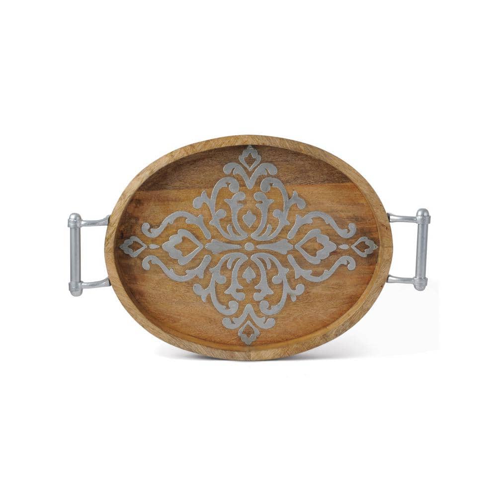 Mediterranean Elegance Mango Wood Oval Tray with Aluminum Accents