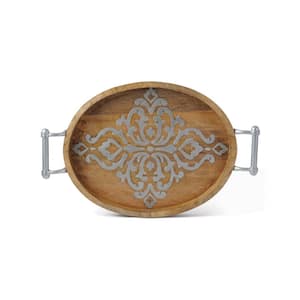 16.5 in. Wood and Metal Inlay Med Oval Tray