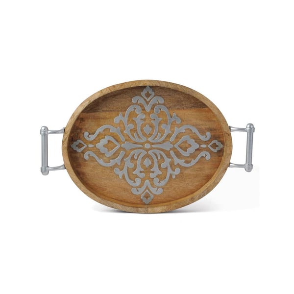 GG COLLECTION 16.5 in. Wood and Metal Inlay Med Oval Tray