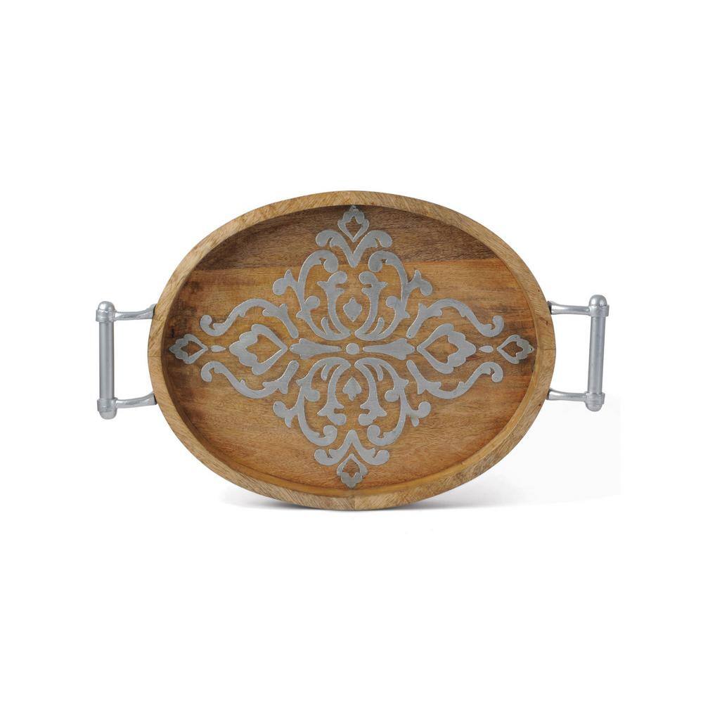 Mediterranean Elegance Mango Wood Oval Tray with Aluminum Accents