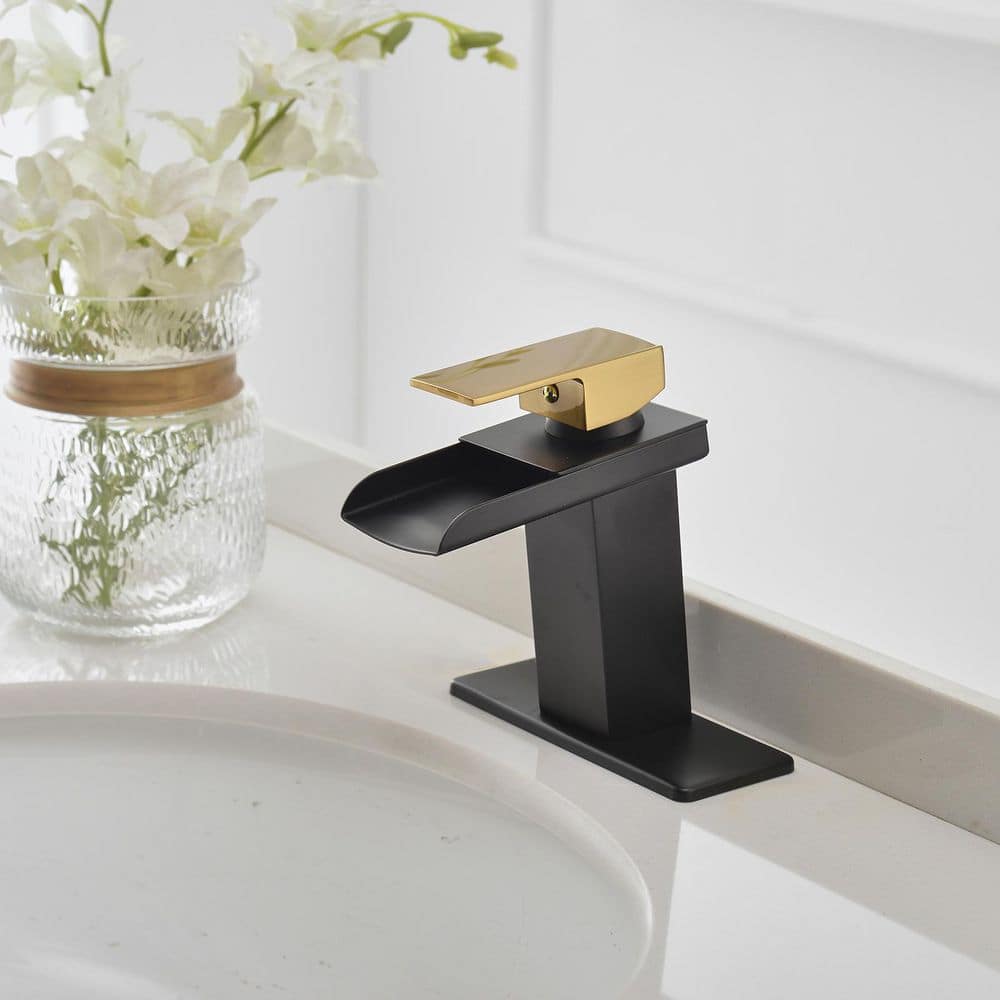 Matte Black and Gold Single-Handle Waterfall Bathroom Faucet