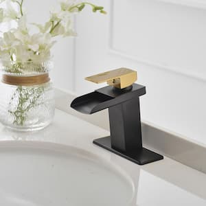 Waterfall Single Handle Single Hole Low-Arc Bathroom Faucet Bathroom Drip-Free Vanity Sink Faucet in Matte Black & Gold