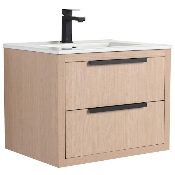 Kingsford 24 in. Single Wall Mounted White Oak Bath Vanity with Drawers with White Ceramic Sink Top