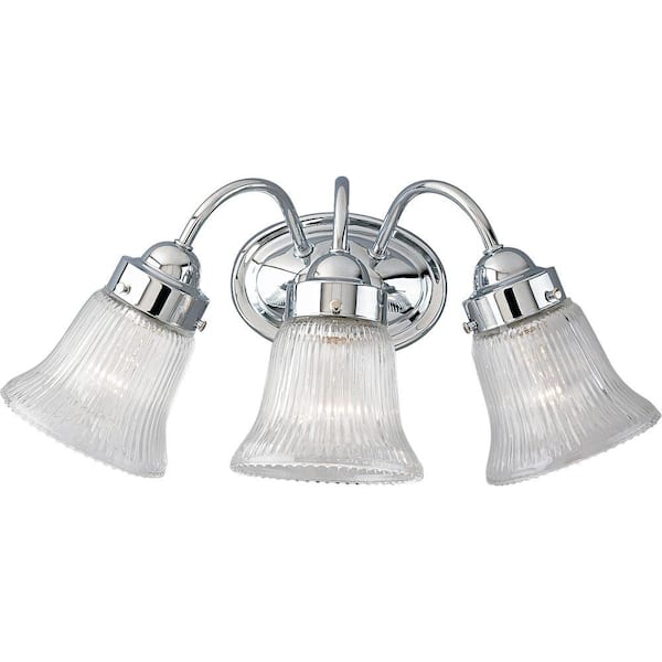 Progress Lighting Fluted Glass Collection 3-Light Chrome Bathroom Vanity Light with Glass Shades