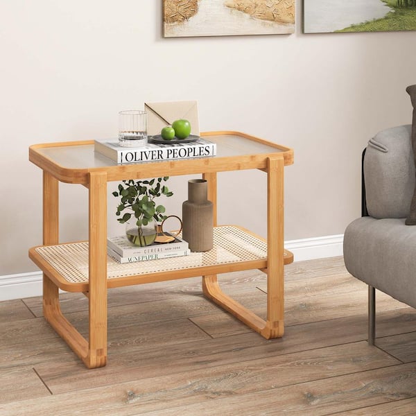 Costway 28 in. Natural Bamboo Side Table with Rattan Shelf