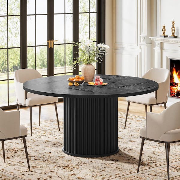 Delilah Modern Black Wood 47 in. Trestle Dining Table Round Pedestal Kitchen Table Seats 4 for Dining Room