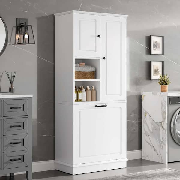 30 in. W x 14 in. D x 68 in. H White Linen Cabinet, Bathroom Storage Cabinet, Large Flip-Out Basket, Adjustable Shelves