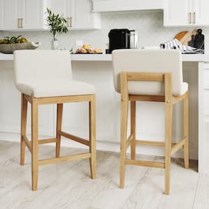 Gracie 24 in. Modern Counter Height Wood Bar Stool w/ Back, Textured Linen Upholstery, Cream Boucle/Warm Pine, Set of 2