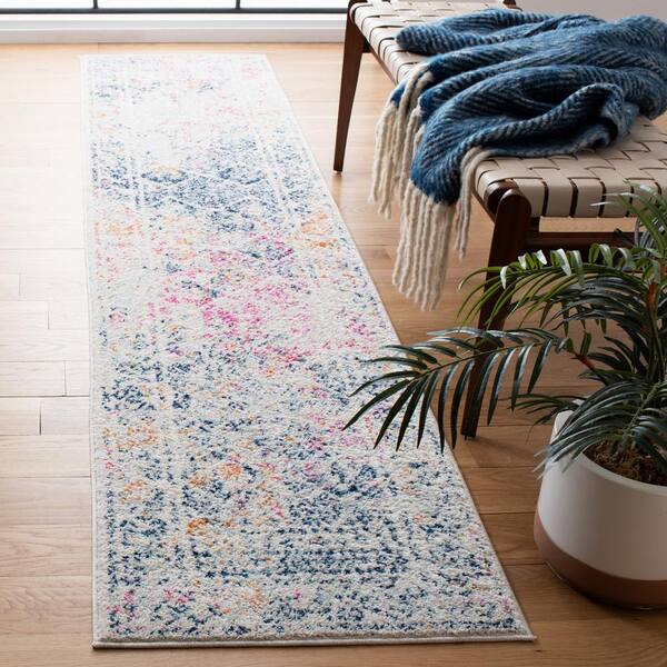 Tulum Ivory/Dark Blue 2 ft. x 13 ft. Border Runner Rug