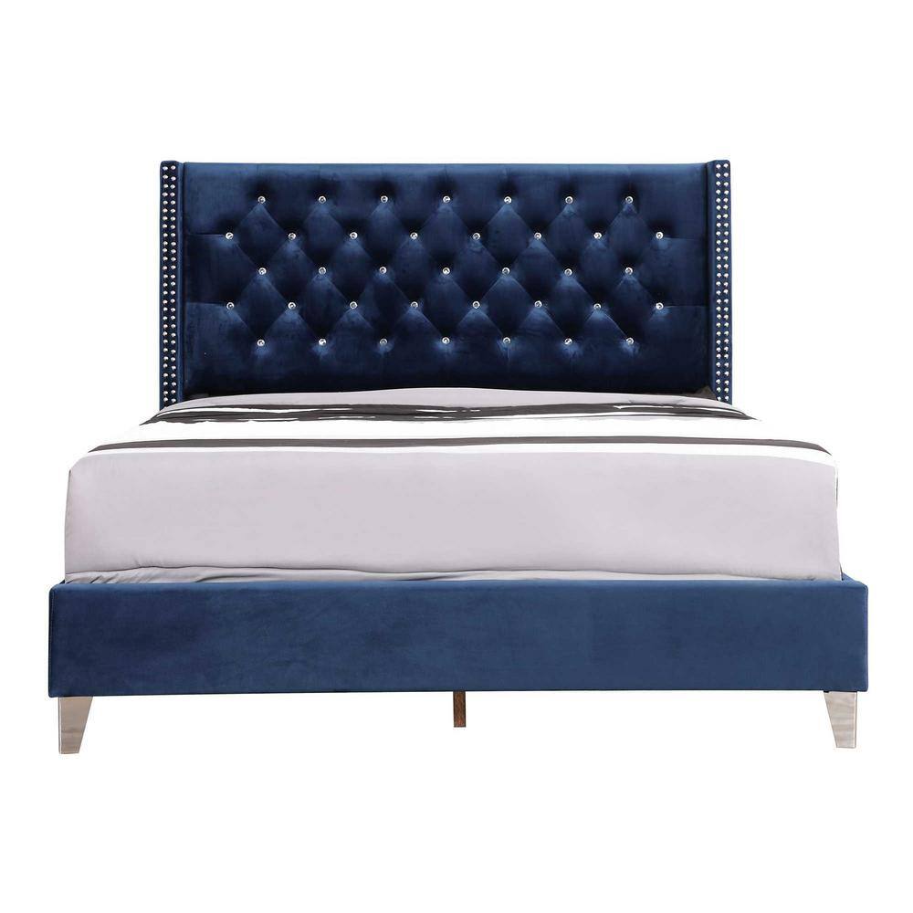 Navy Blue Velvet Tufted Upholstered Queen Bed with Nailhead Trim