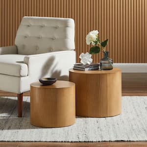 Amani Nesting Coffee Table Set of 2 in Natural - Modern 19 in. W Round Particle Board Drum Tables