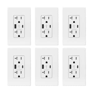 25-Watt 20 Amp Dual Type A and Type C USB Duplex Wall Outlet, Screwless Wall Plate Included, White (6-Pack)