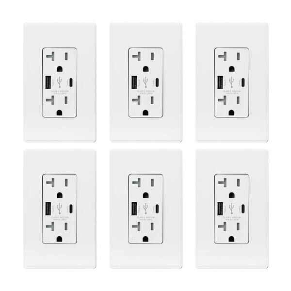 Photo 1 of 25-Watt 20 Amp Dual Type A and Type C USB Duplex Wall Outlet, Screwless Wall Plate Included, White (6-Pack)
