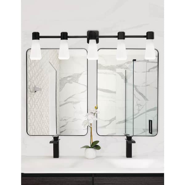 Bryer 46.5 in. 5 Light Vanity Light Matte Black with 4" White Opal Ribbed Glass Shades, No bulb included