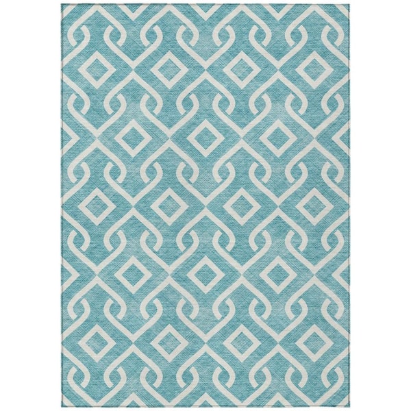 HomeRoots Teal Blue, Ivory 5 ft. x 8 ft. Woven Geometric Polyester Rectangle Indoor/Outdoor Area Rug