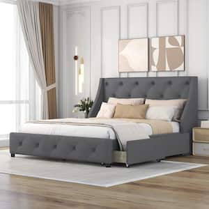 Gray Wood Frame Queen Size Linen Fabric Upholstered Platform Bed with Wingback Tufted Headboard and 4 Drawers