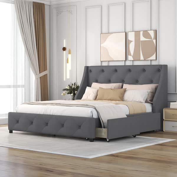 Harper & Bright Designs Gray Wood Frame Queen Size Linen Fabric Upholstered Platform Bed with Wingback Tufted Headboard and 4 Drawers