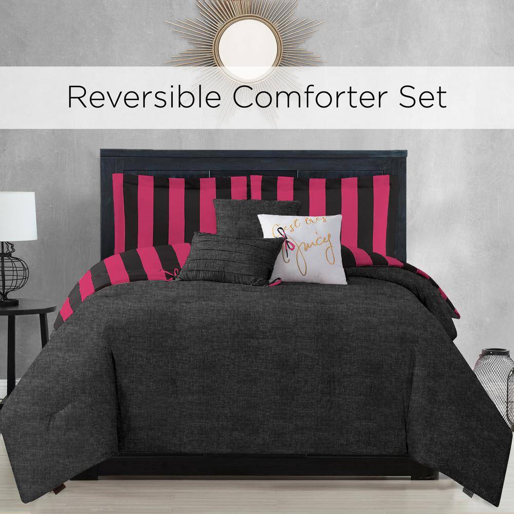 Full Black and Hot Pink Reversible Microfiber Bedding Set
