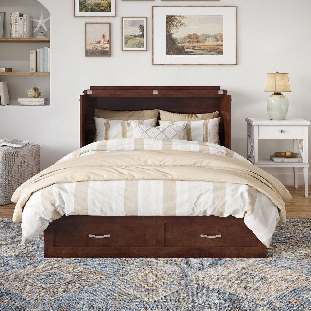Walnut Full Murphy Bed Chest with Upholstered Wood Frame and Drawer