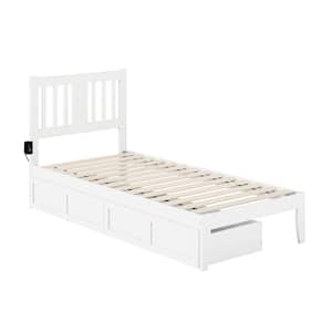 Tahoe White Twin Extra Long Solid Wood Storage Platform Bed with USB Turbo Charger and 2 Extra Long Drawers