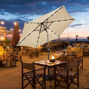 9 ft. Iron Market Solar Tilt Patio Umbrella in Beige with LED Lights