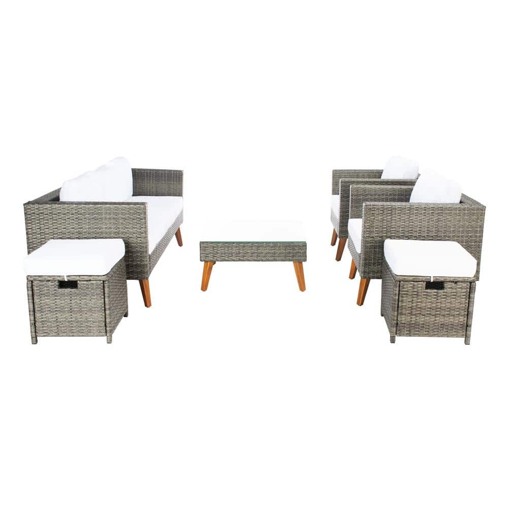Presla 6-Piece Gray Brown Wicker Patio Set with White Cushions
