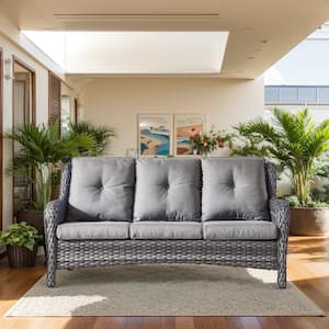 4-Piece Gray Wicker Fire Pit Conversation Set with Olefin Gray Cushions and Curved Arm Couch