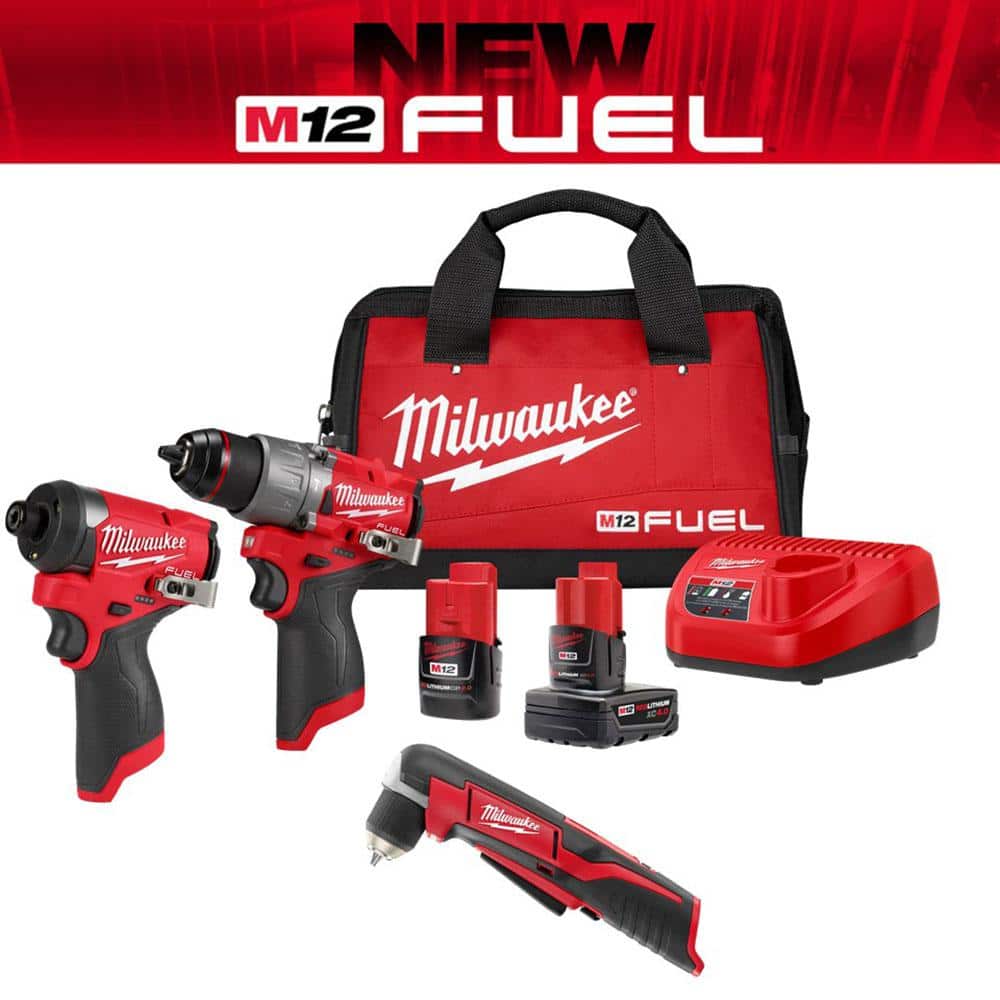 Milwaukee M12 FUEL 12-Volt Li-Ion Brushless Cordless Hammer Drill and Impact Driver Combo Kit (2-Tool) with M12 Right Angle Drill -  3497-22-2415